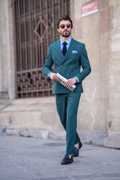 Green Striped Double Breasted Suit 2-Piece VIOSSI