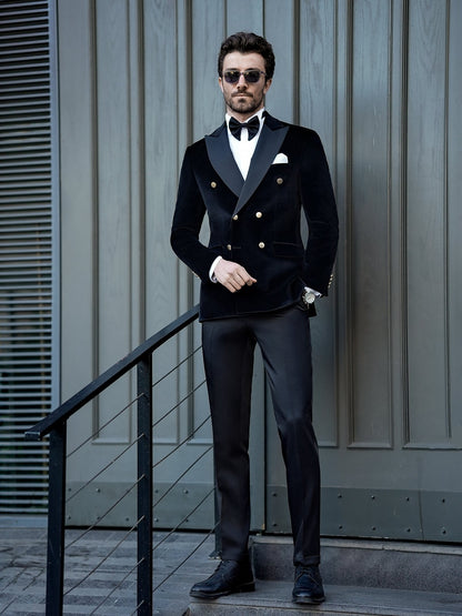 Black Velvet Double Breasted Tuxedo 2-Piece - BRABION