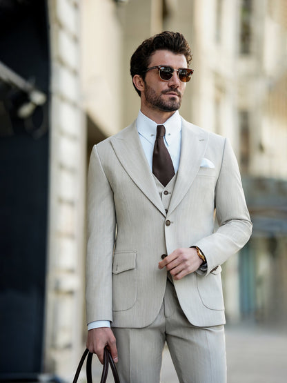 Beige Striped Slim-Fit Suit 3-Piece VIOSSI