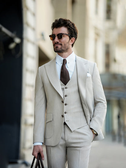 Beige Striped Slim-Fit Suit 3-Piece VIOSSI