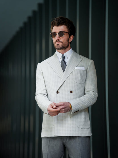 Light Grey Houndstooth Double Breasted Blazer - BRABION