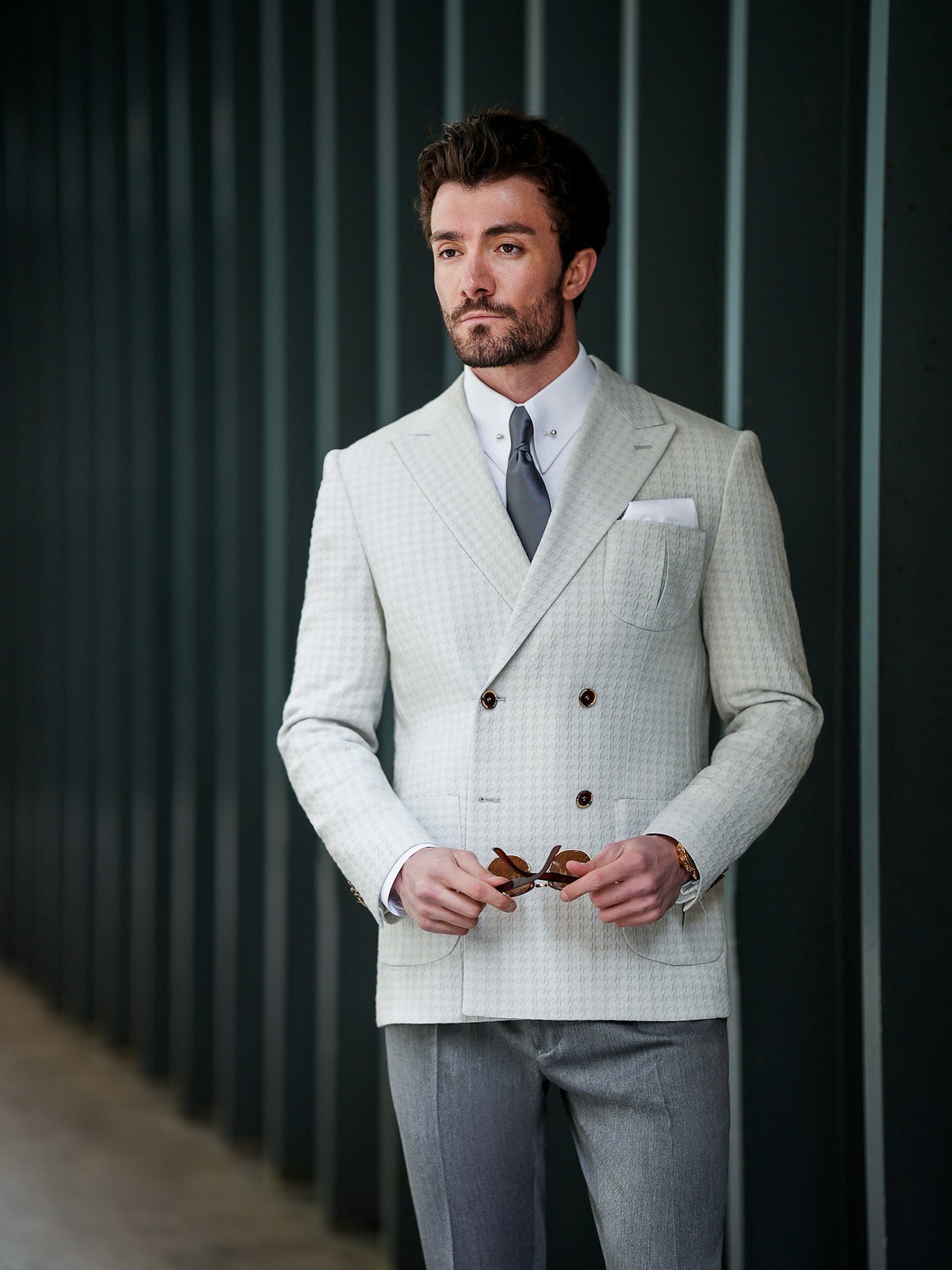 Light Grey Houndstooth Double Breasted Blazer - BRABION