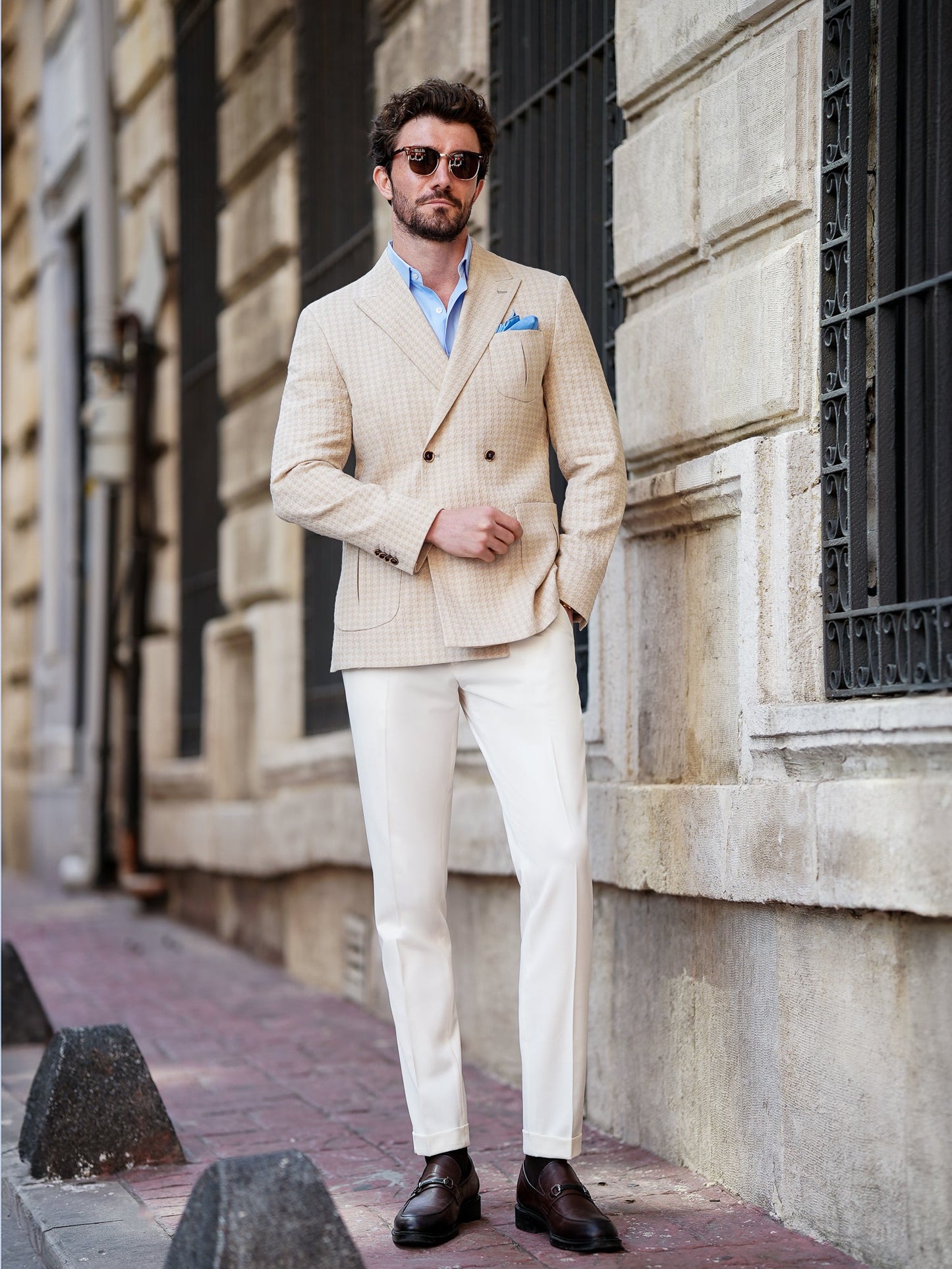 Beige Houndstooth Double Breasted Blazer - BRABION