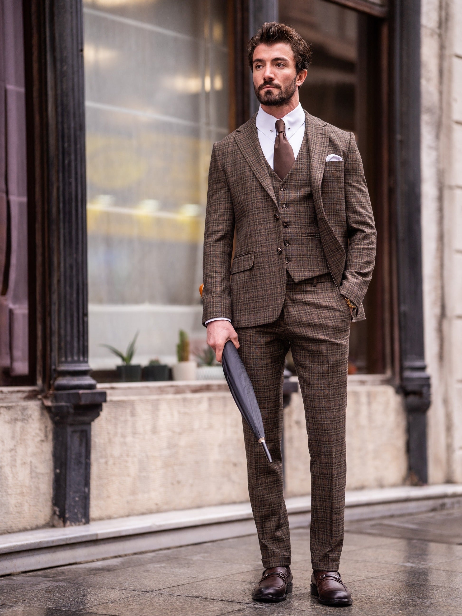 Brown Plaid Slim-Fit Suit 3-Piece VIOSSI