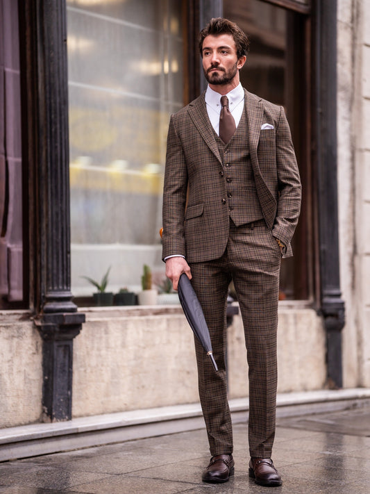 Brown Plaid Slim-Fit Suit 3-Piece VIOSSI