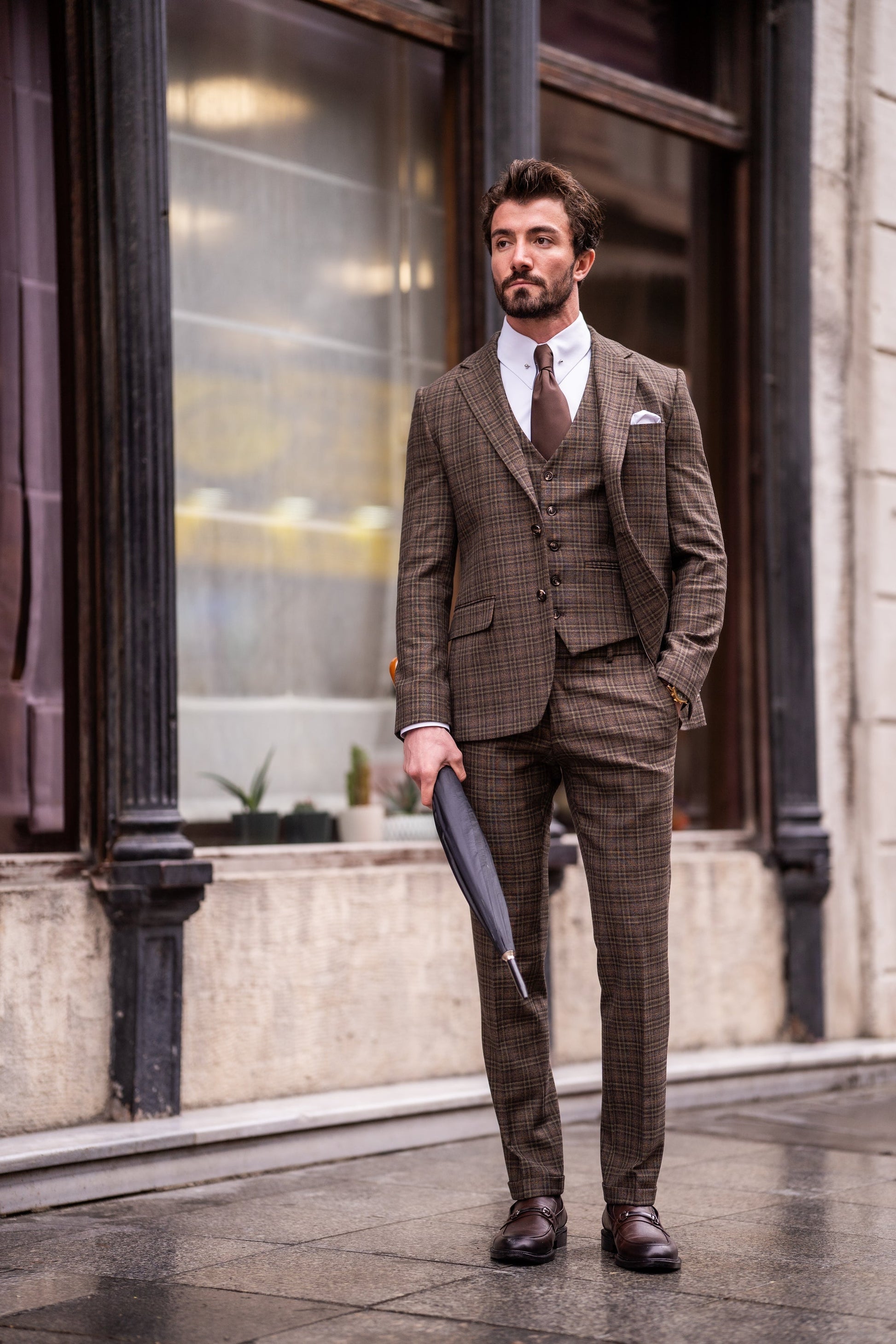 Brown Plaid Slim-Fit Suit 3-Piece VIOSSI