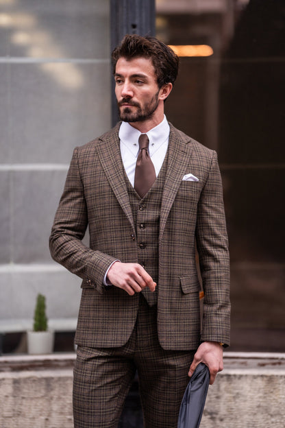 Brown Plaid Slim-Fit Suit 3-Piece VIOSSI