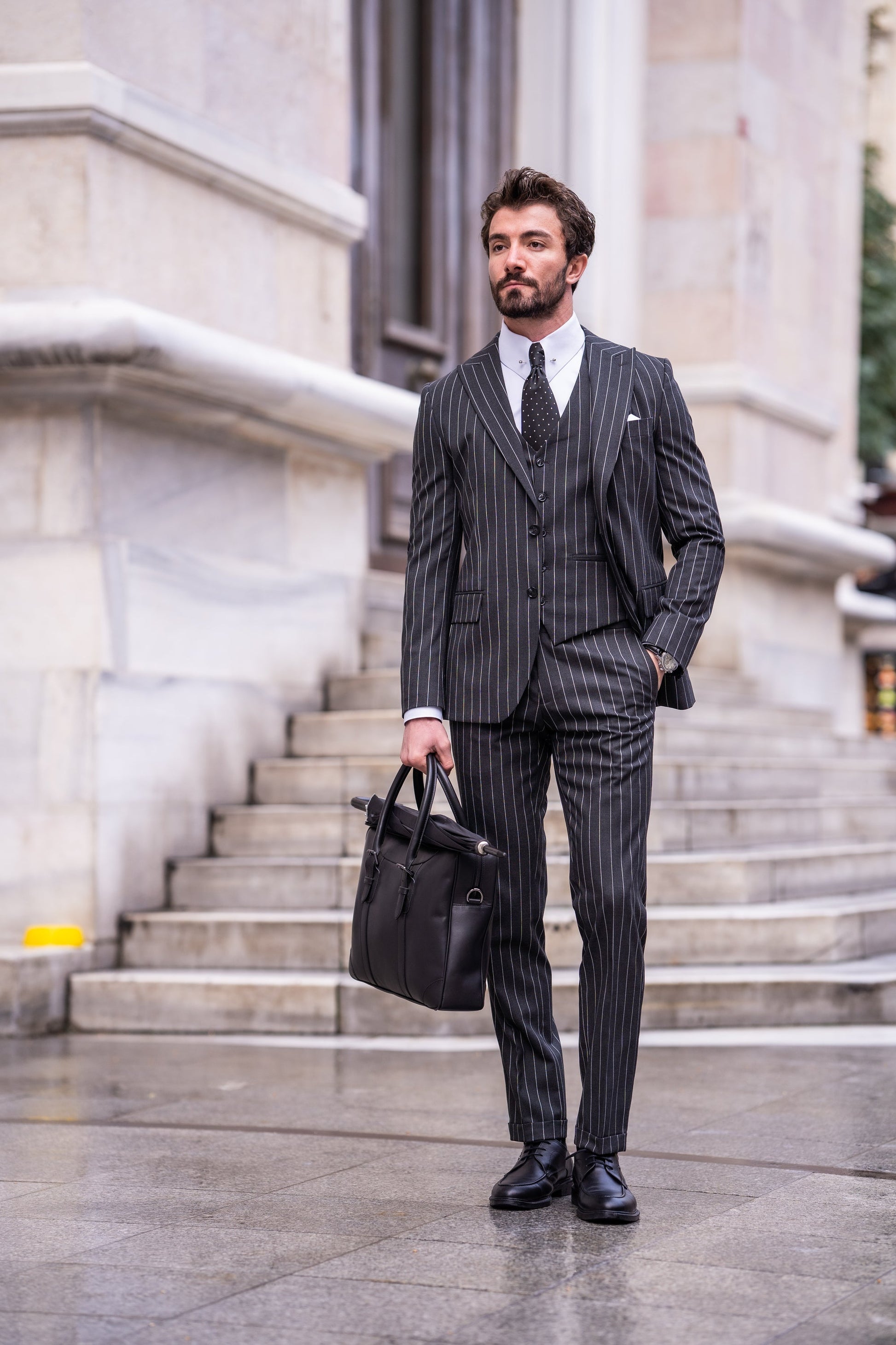 Black Striped Slim-Fit Suit 3-Piece VIOSSI