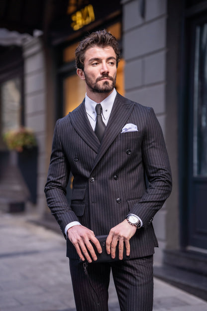 Black Striped Double Breasted Suit 2-Piece VIOSSI