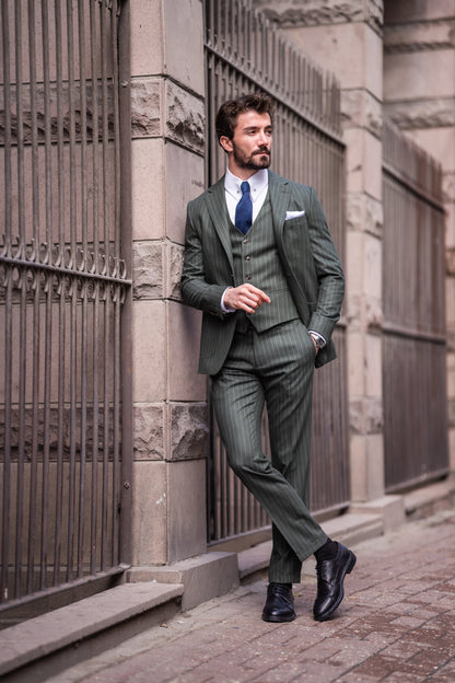 Khaki Striped Slim-Fit Suit 3-Piece VIOSSI