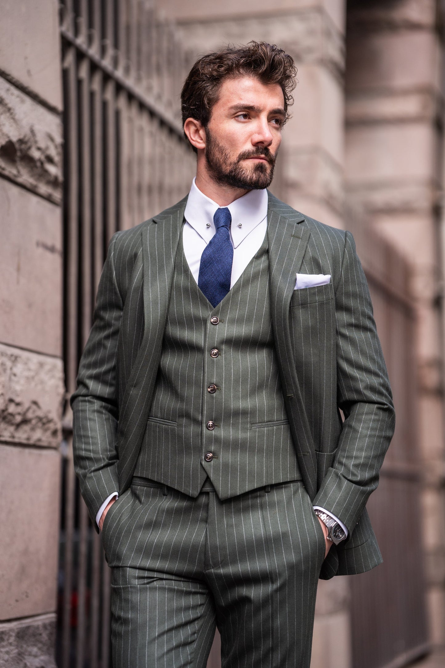 Khaki Striped Slim-Fit Suit 3-Piece VIOSSI