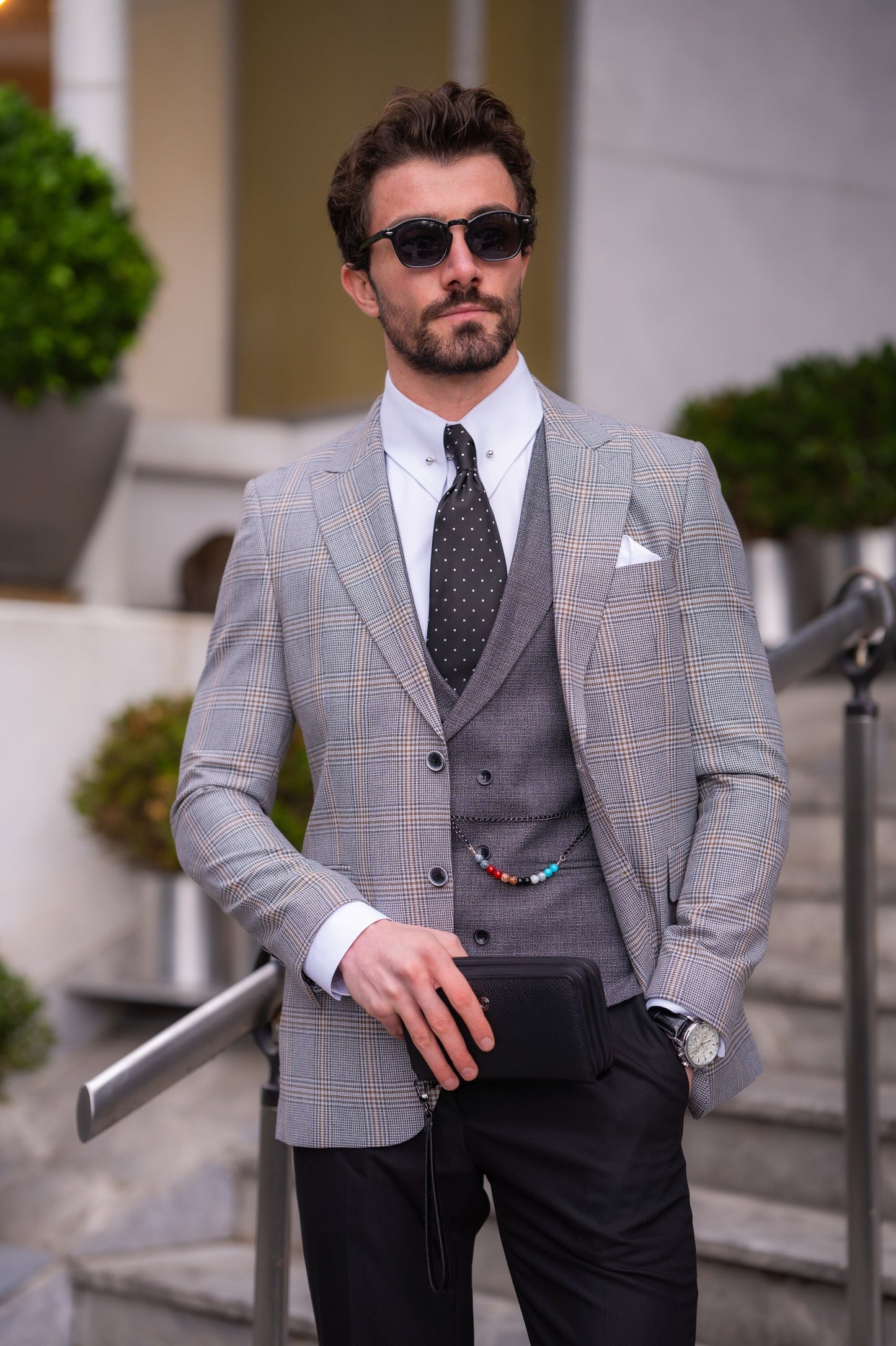 Grey Plaid Slim-Fit Suit 3-Piece VIOSSI