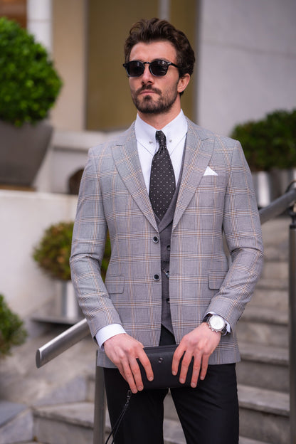 Grey Plaid Slim-Fit Suit 3-Piece VIOSSI