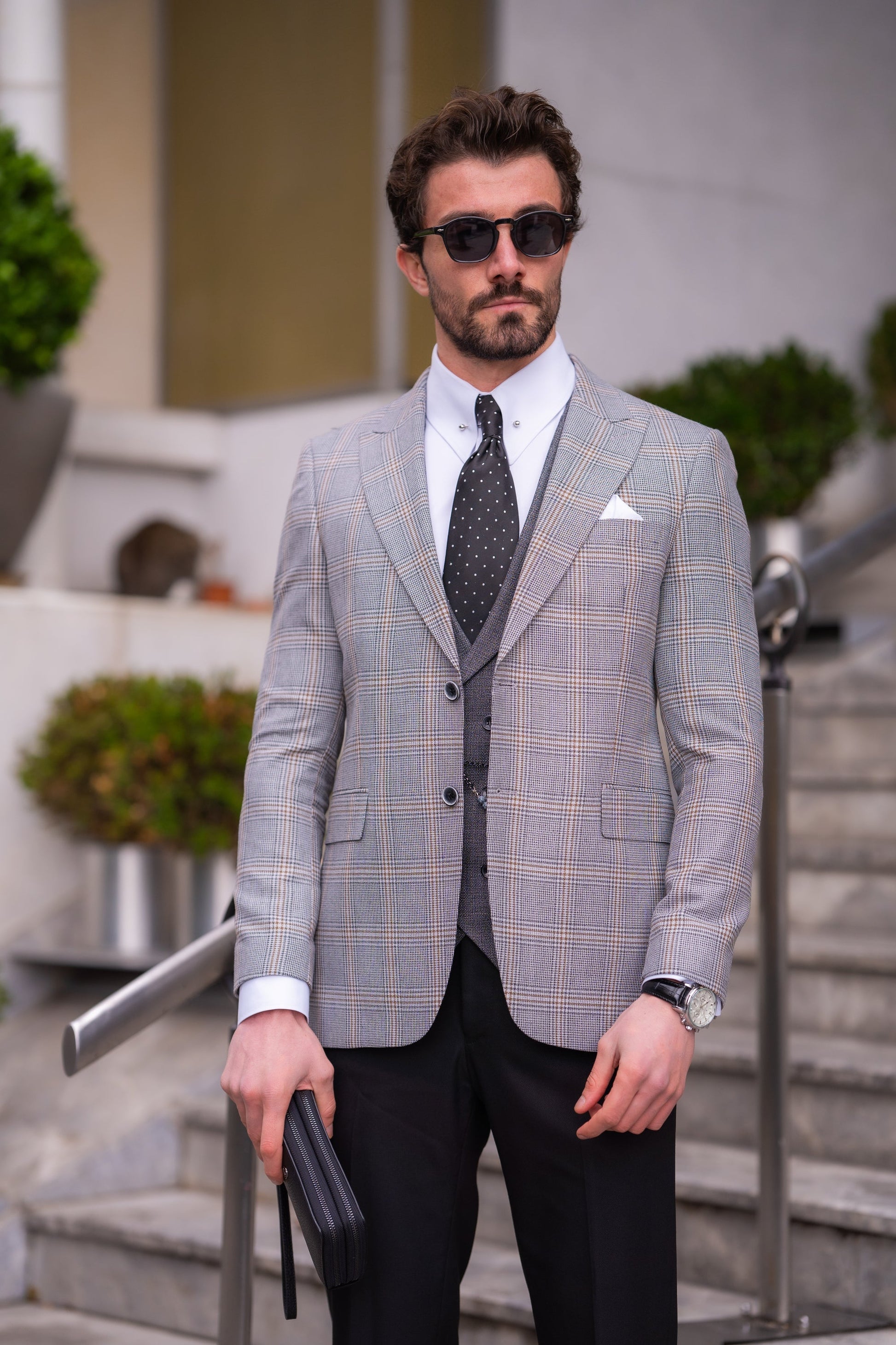Grey Plaid Slim-Fit Suit 3-Piece VIOSSI