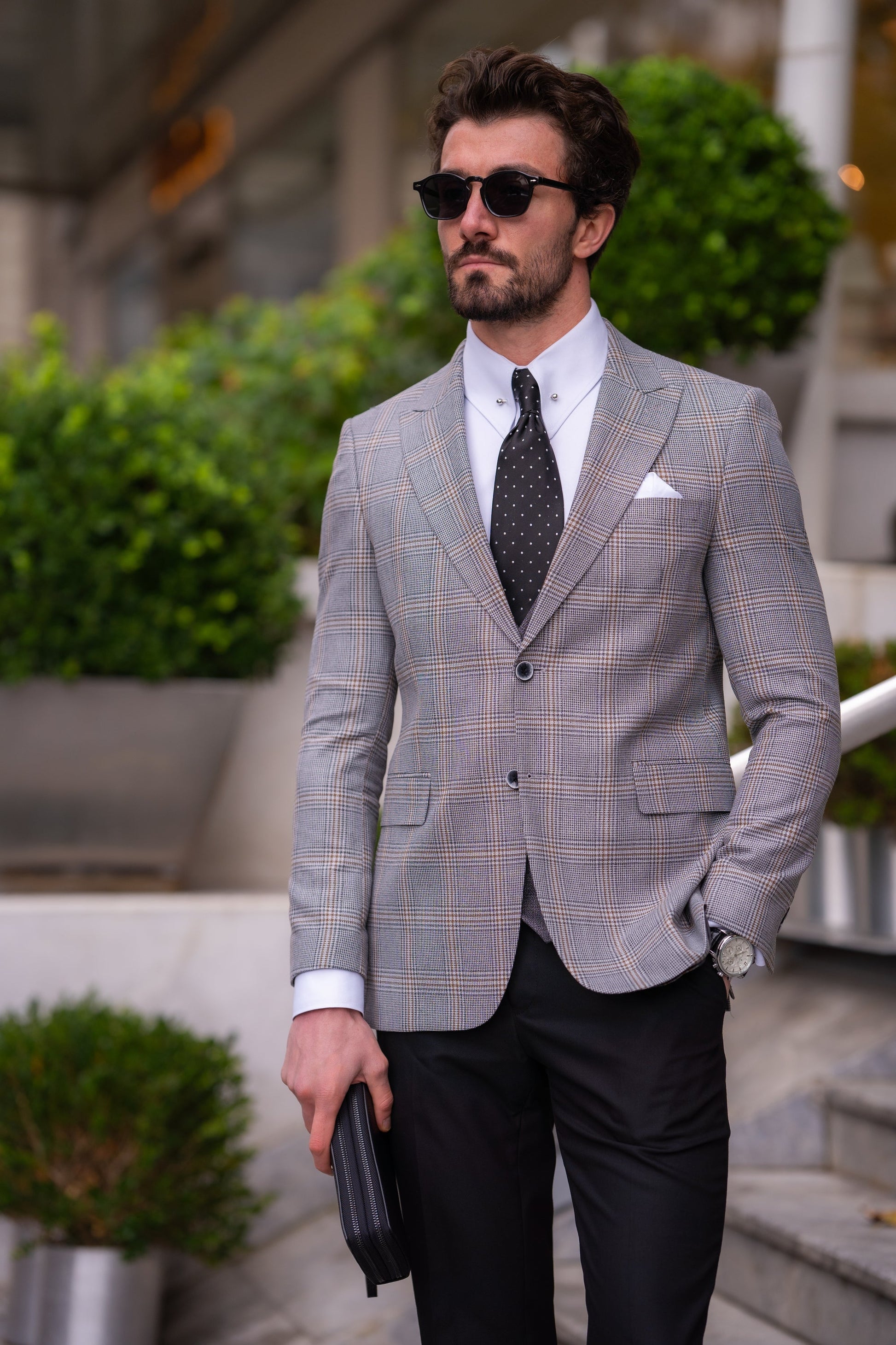 Grey Plaid Slim-Fit Suit 3-Piece VIOSSI