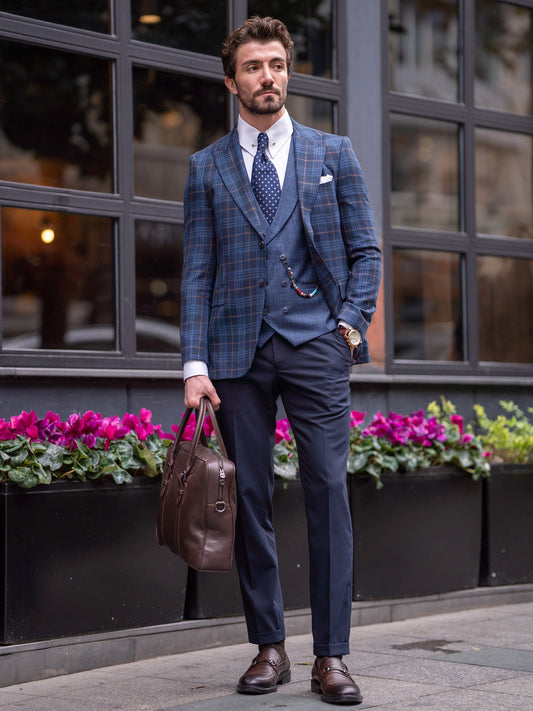 Navy Plaid Slim-Fit Suit 3-Piece VIOSSI