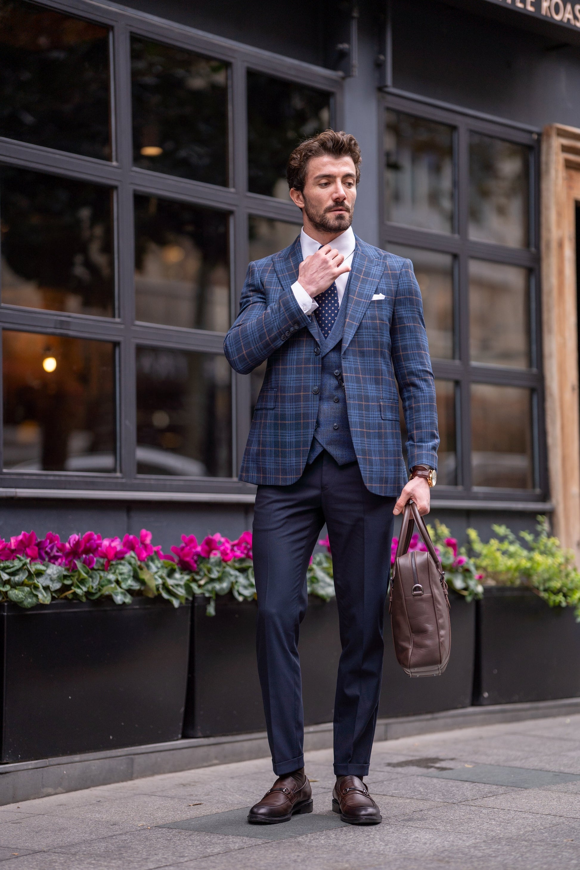 Navy Plaid Slim-Fit Suit 3-Piece VIOSSI