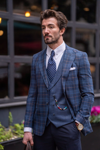 Navy Plaid Slim-Fit Suit 3-Piece VIOSSI