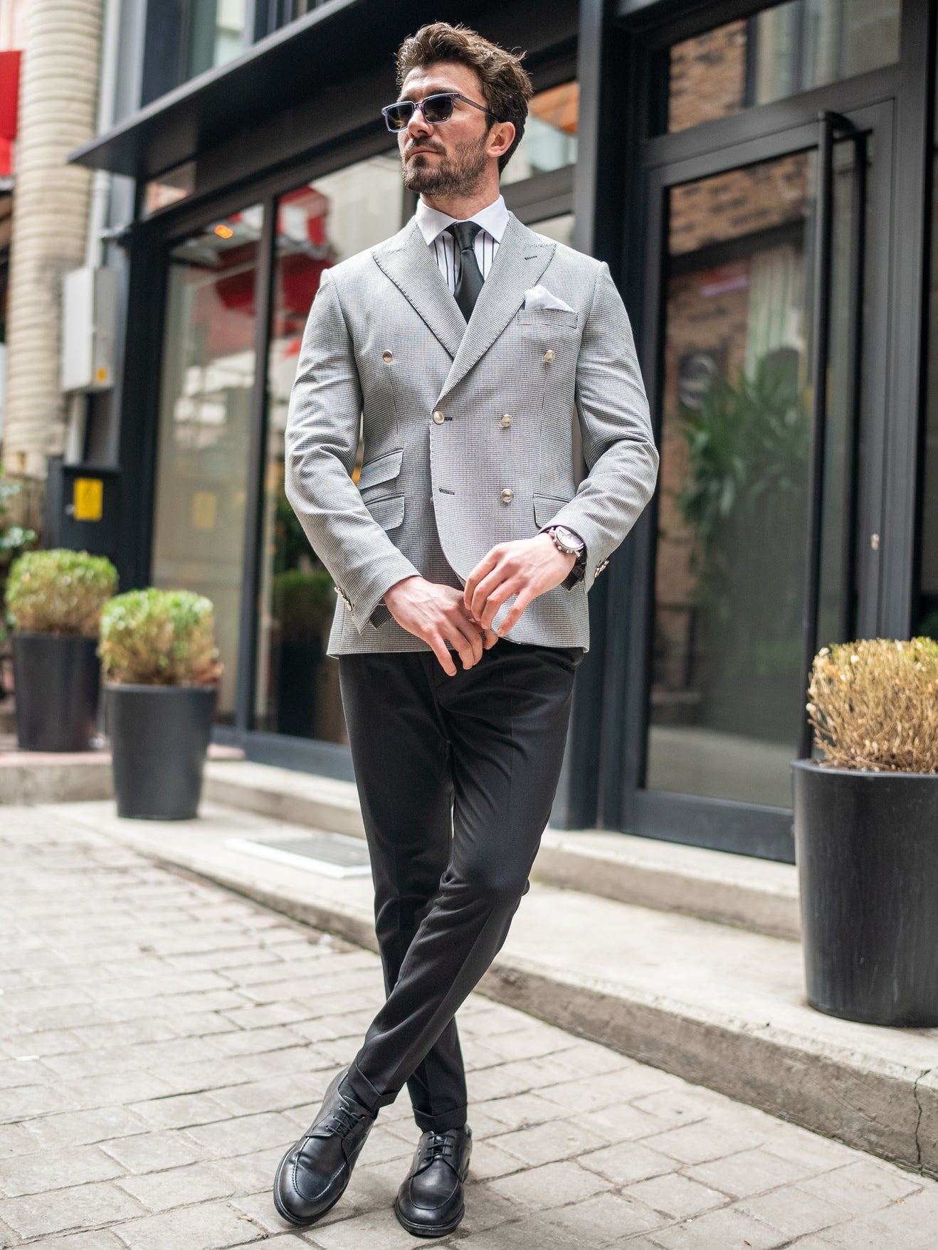 White Houndstooth Double Breasted Blazer - BRABION