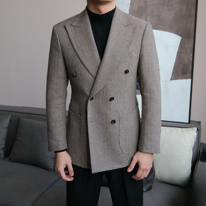 Men’s Retro Herringbone Double-Breasted Blazer