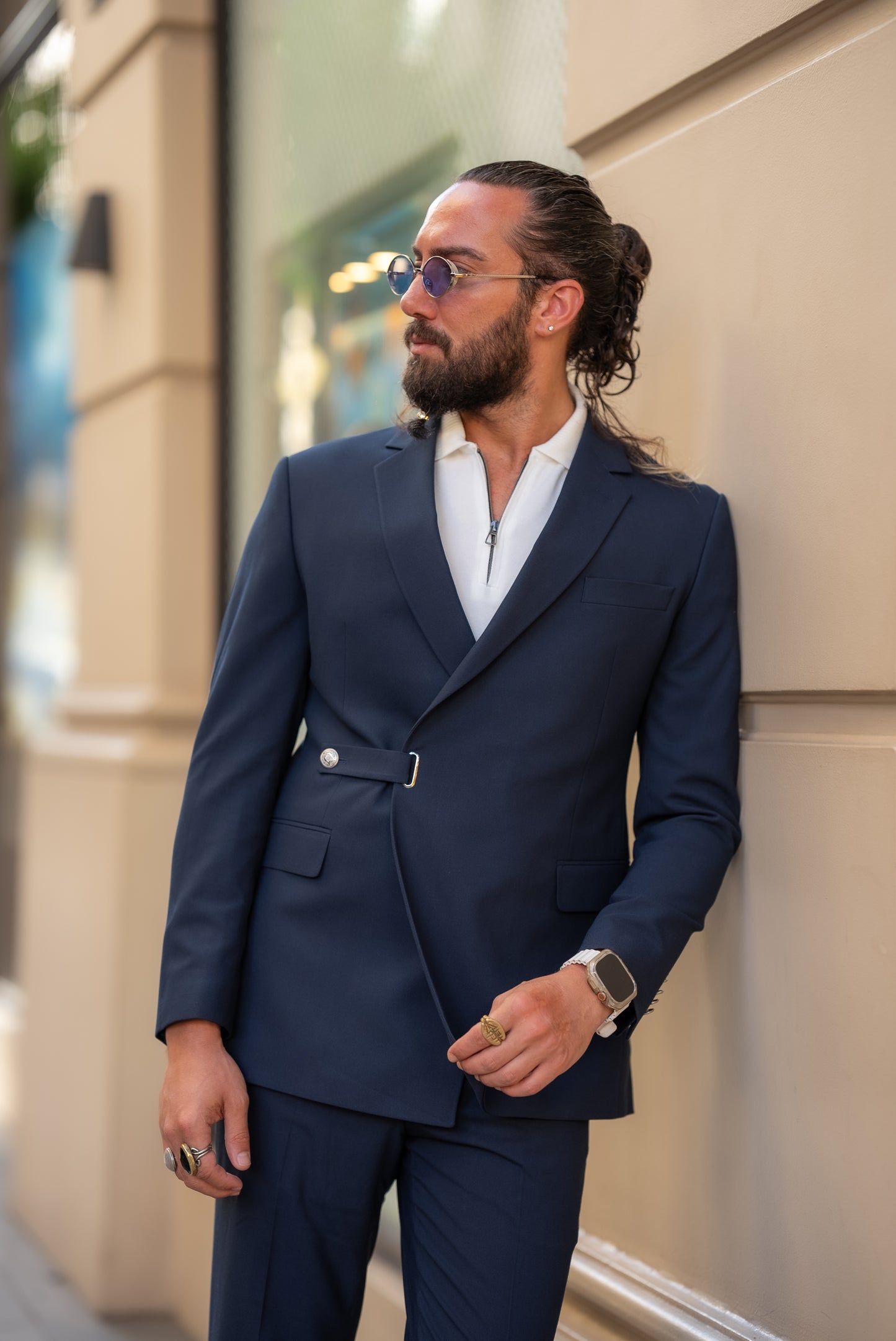 Brabion Alonso Navy Blue Slim Fit Double Breasted Buckle Suit