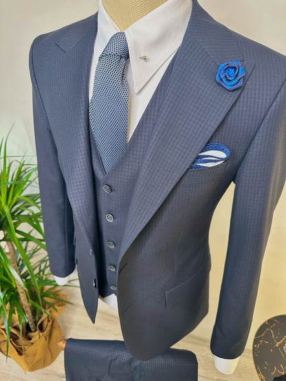 Navy Plaid Slim-Fit Suit 3-Piece VIOSSI