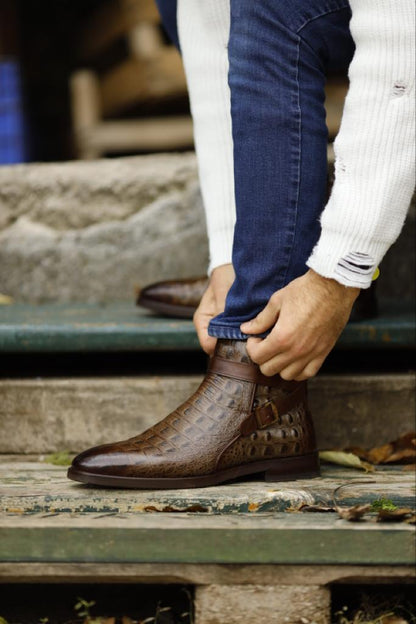 Empire Brown Crocodile Pattern Chelsea Buckle Boots