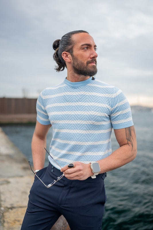 Brabion Sorento Blue Crewneck Striped T-Shirt - Slim Fit Comfort