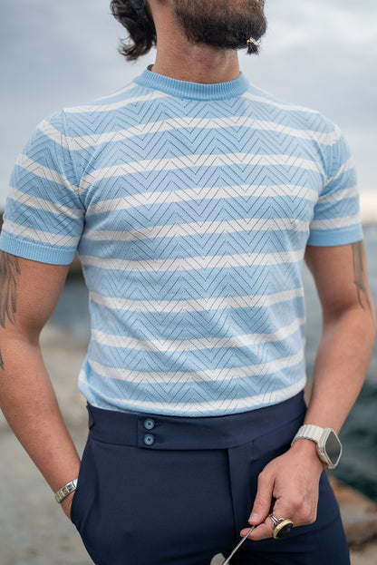 Brabion Sorento Blue Crewneck Striped T-Shirt - Slim Fit Comfort