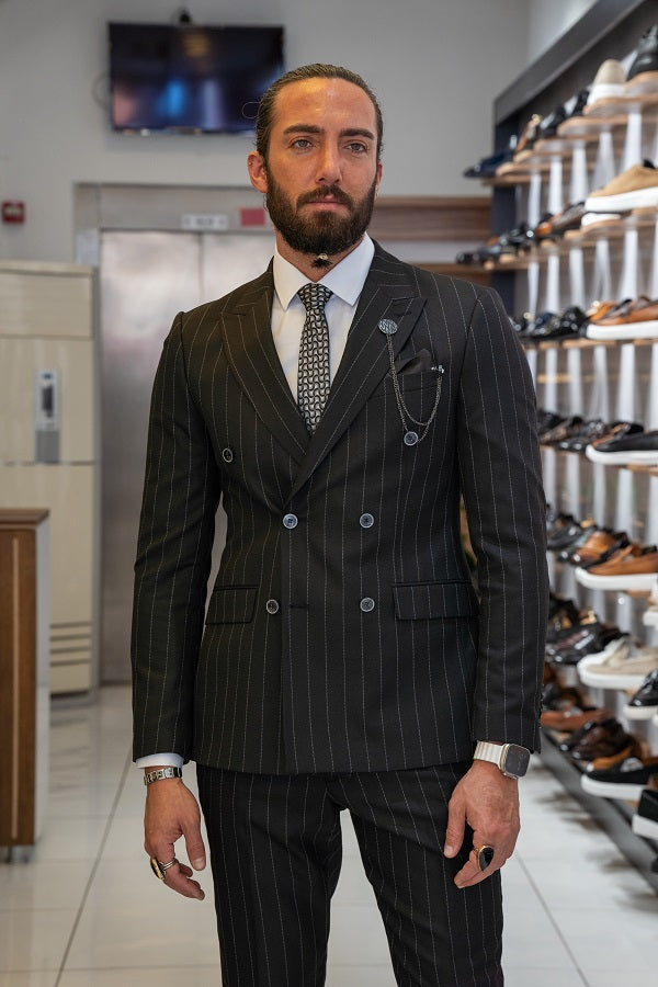 Brabion Lance Black Slim Fit Pinstripe Double Breasted Suit