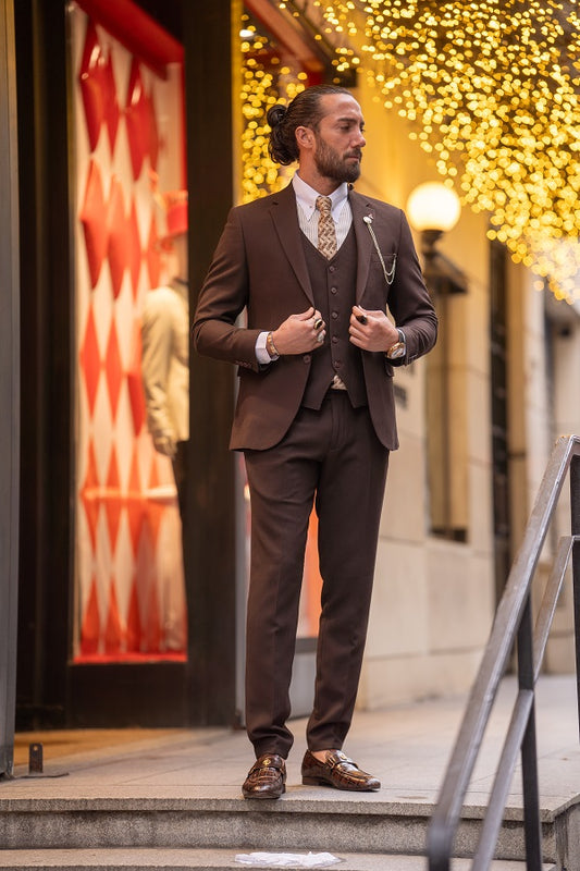 Brabion Lance Brown Slim Fit Notch Lapel 3 Piece Suit for Men
