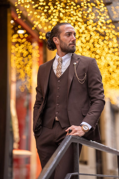 Brabion Lance Brown Slim Fit Notch Lapel 3 Piece Suit for Men