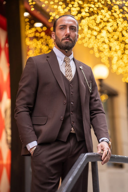 Brabion Lance Brown Slim Fit Notch Lapel 3 Piece Suit for Men