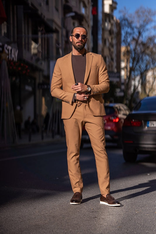 Brabion Lance Camel Slim Fit Notch Lapel Suit