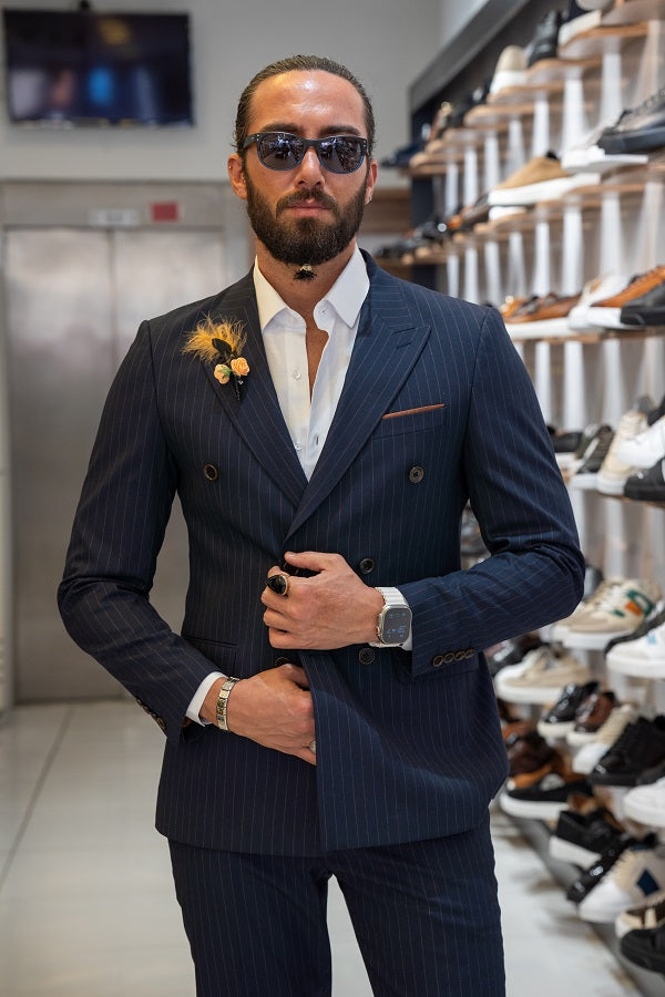 Brabion Lance Dark Blue Slim Fit Pinstripe Double Breasted Suit
