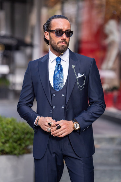 Brabion Lance Navy Blue Slim Fit Peak Lapel 3 Piece Suit
