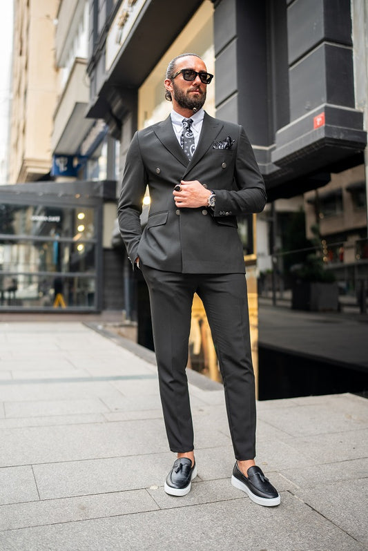 Brabion Massimo Black Slim Fit Double Breasted Suit