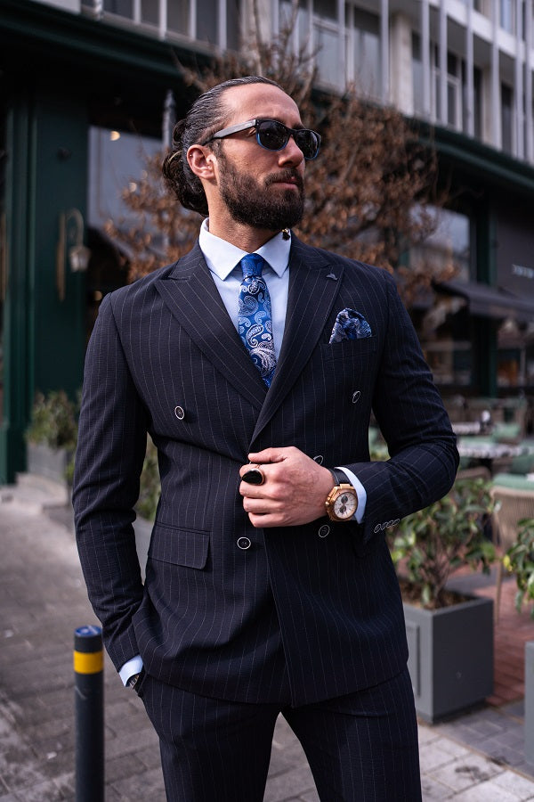 Brabion Massimo Navy Blue Slim Fit Pinstripe Suit