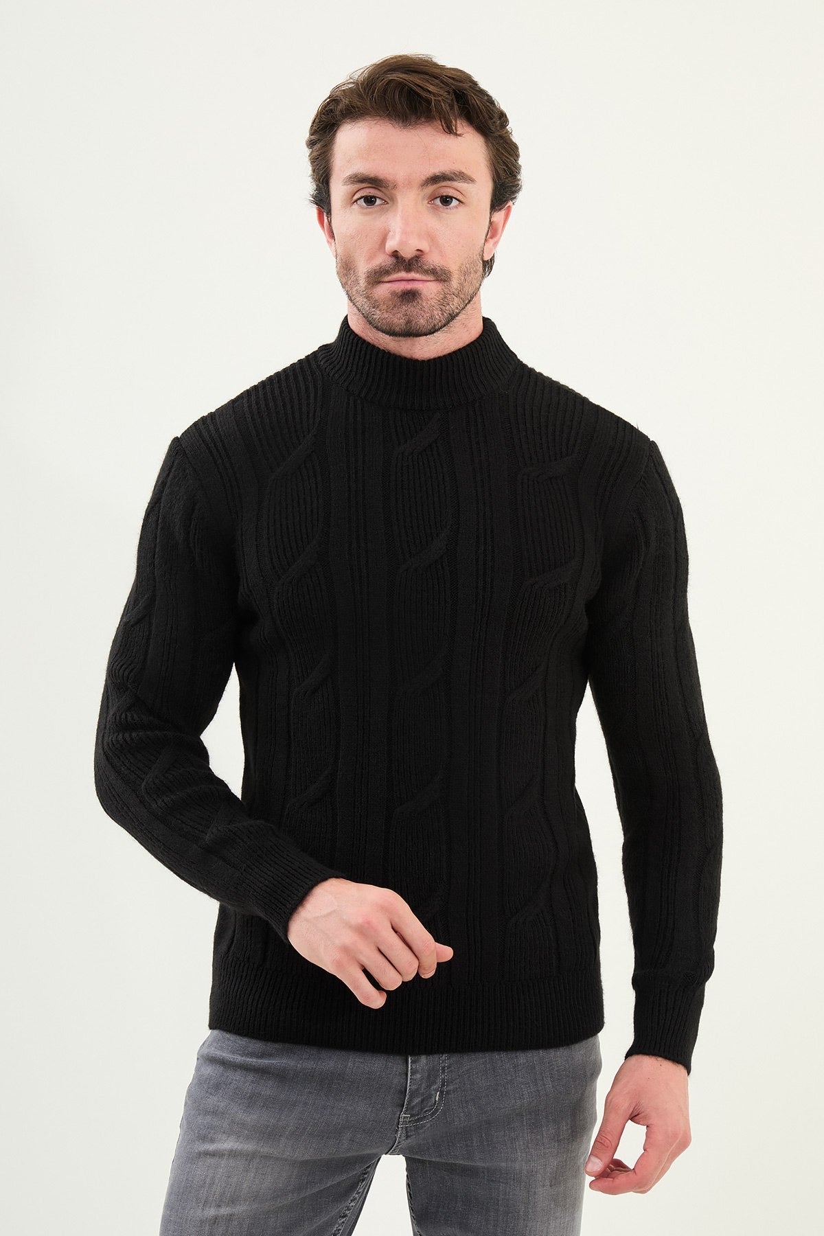 Black Cable-Knit High Neck Sweater