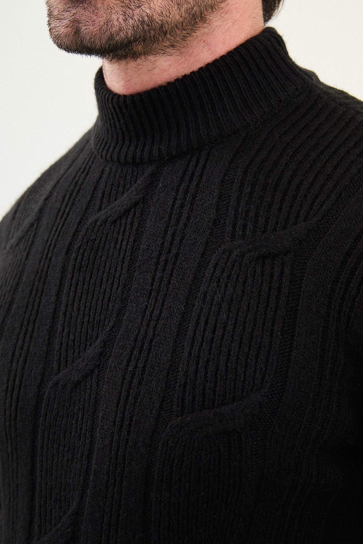 Black Cable-Knit High Neck Sweater