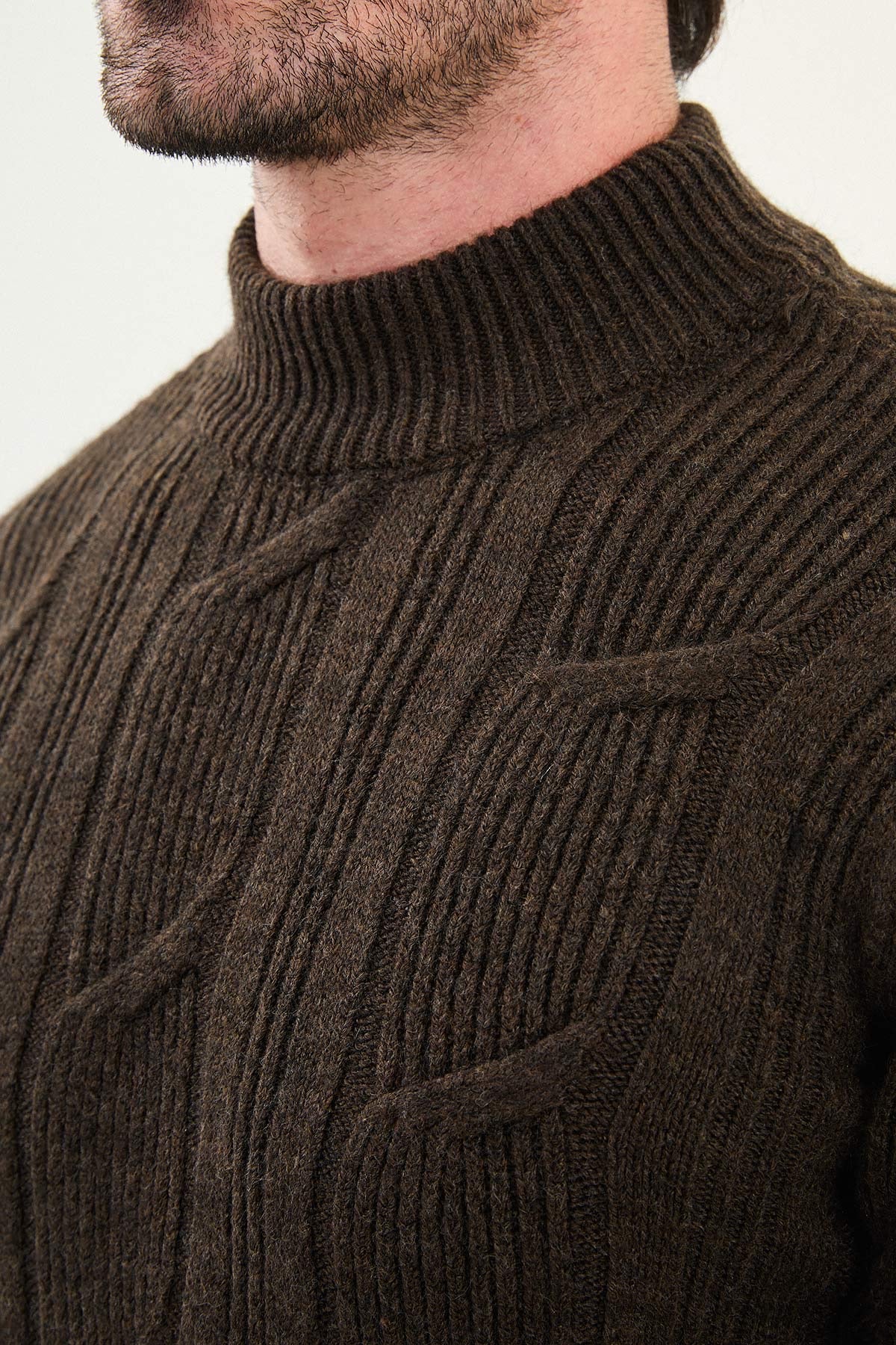 Dark Brown Cable-Knit High Neck Sweater