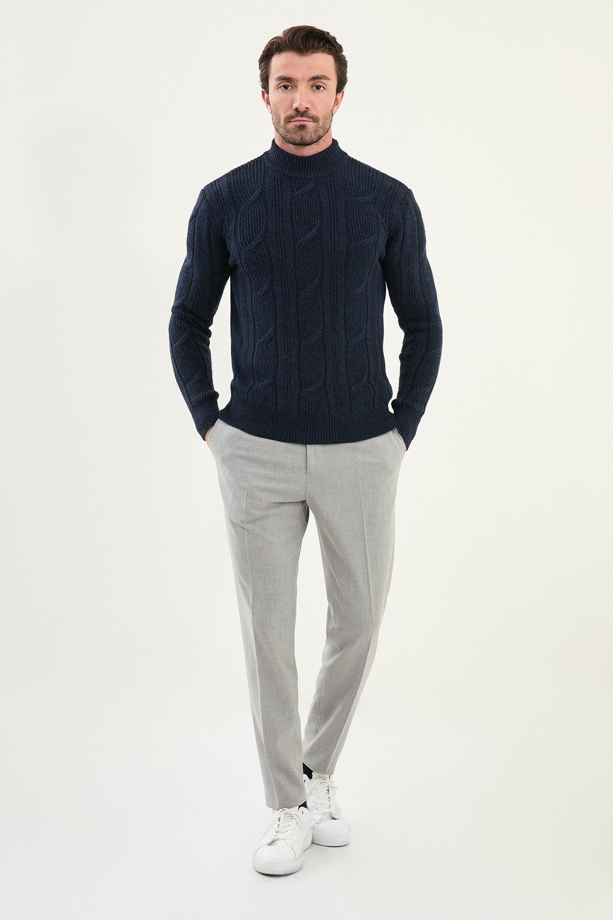 Navy Blue Cable-Knit High Neck Sweater
