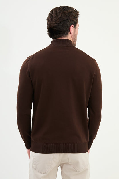 Men’s Brown Knit Half-Turtleneck Pullover – Slim Fit