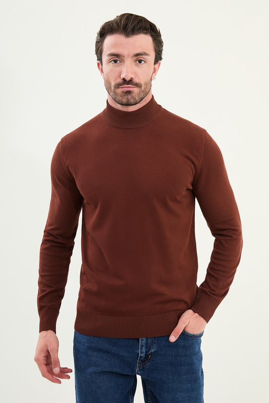 Men’s Tile Brown Knit Half-Turtleneck Pullover – Slim Fit
