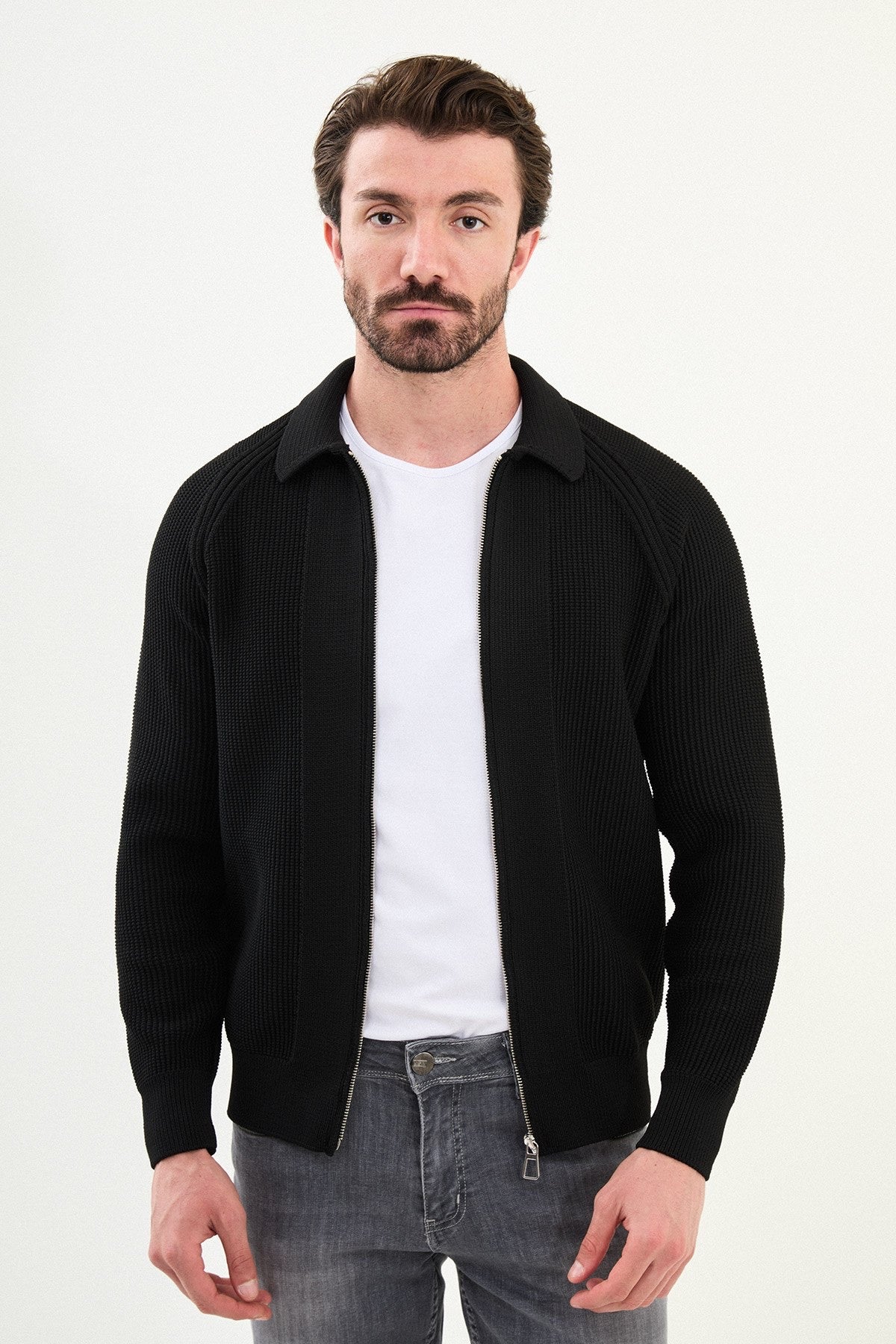 Men’s Black Ribbed Zip Cardigan