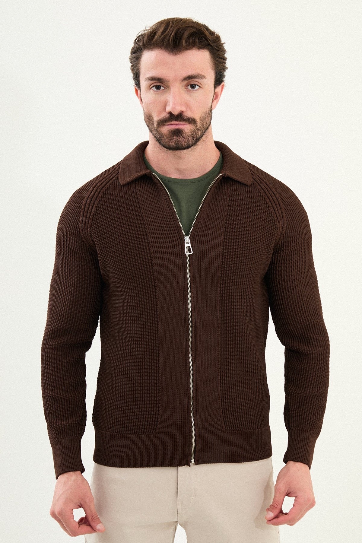 Men’s Brown Ribbed Zip Cardigan