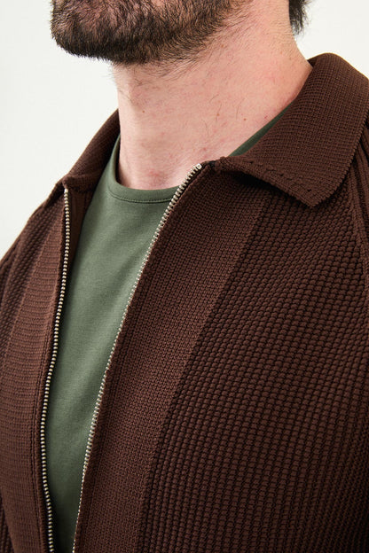 Men’s Brown Ribbed Zip Cardigan