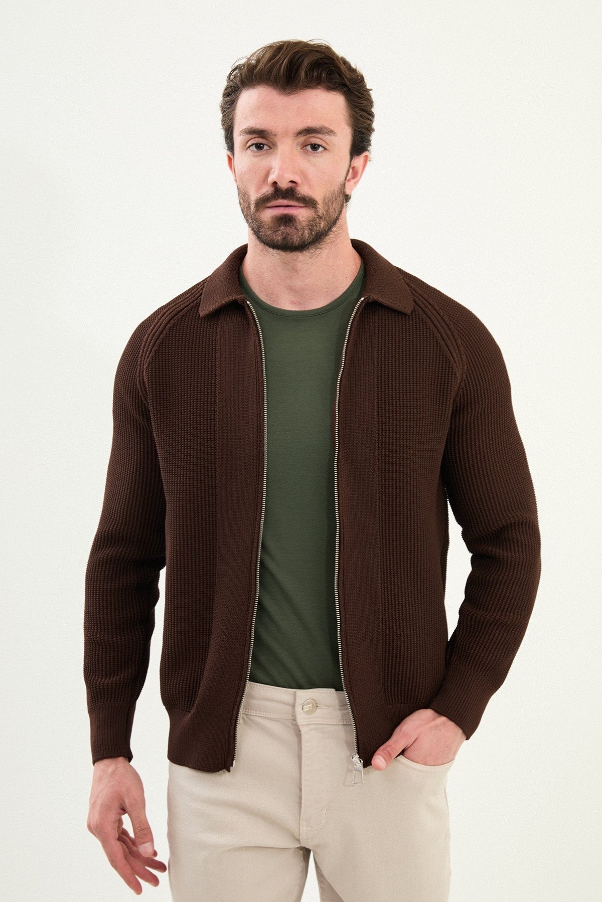 Men’s Brown Ribbed Zip Cardigan
