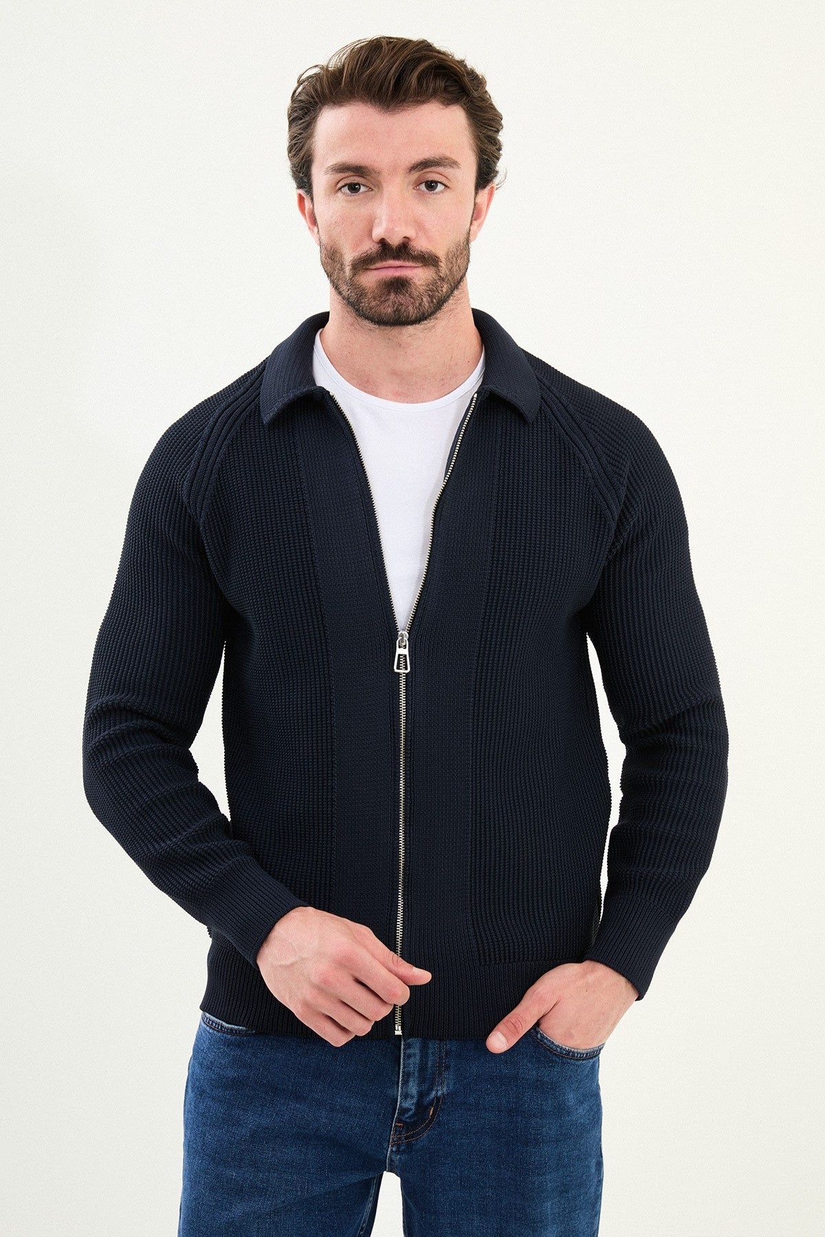 Men’s Navy Blue Ribbed Zip Cardigan