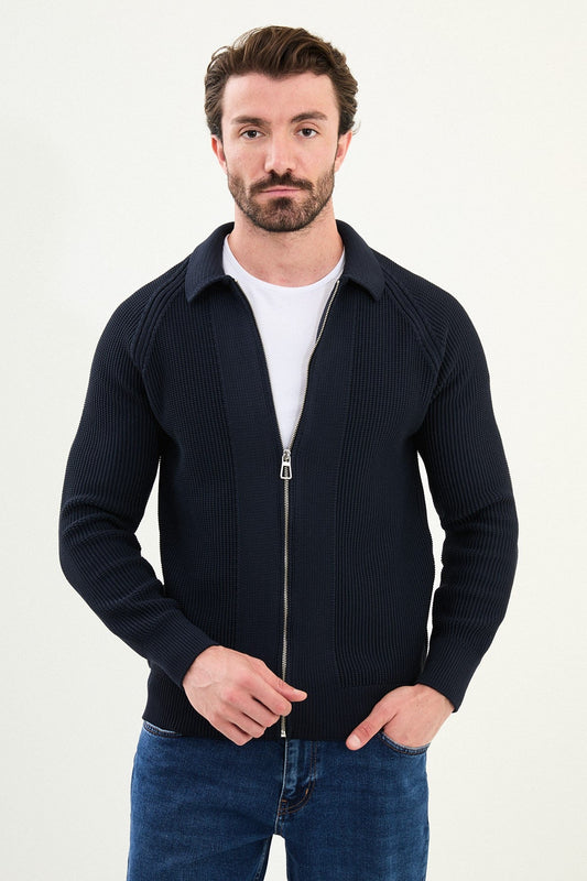 Men’s Navy Blue Ribbed Zip Cardigan